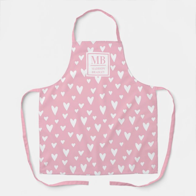 Delantal Monograma Nombre Pink Modern Love Heart Girly (Anverso)