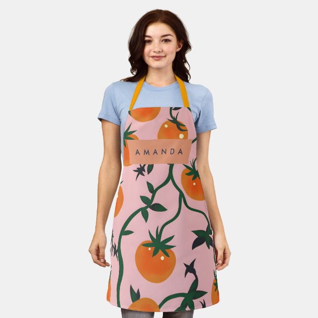 Delantal Monograma Patrón de vino de tomate retro personali (Gastado)