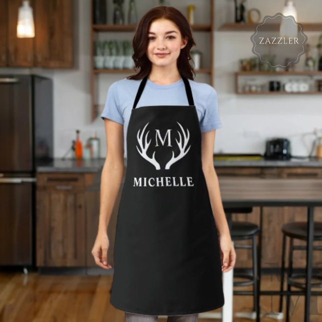 Delantal Monograma personalizado con Antler de venado blanc (Custom Monogram with Black White Deer Antler Apron)