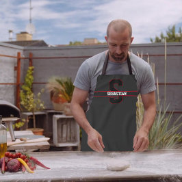 Delantal Monograma personalizado de blanco rojo moderno