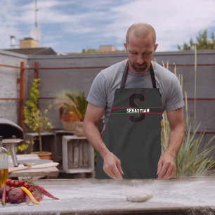 Delantal Monograma personalizado de blanco rojo moderno