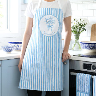 Delantal Monograma Preppy de Raya Azul y Blanco Caprichoso