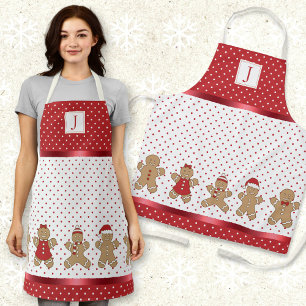 Delantal Monograma Rojo y Polka Blanco Dedo Gingerbread Xma
