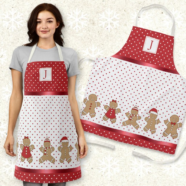Delantal Monograma Rojo y Polka Blanco Dedo Gingerbread Xma (Subido por el creador)