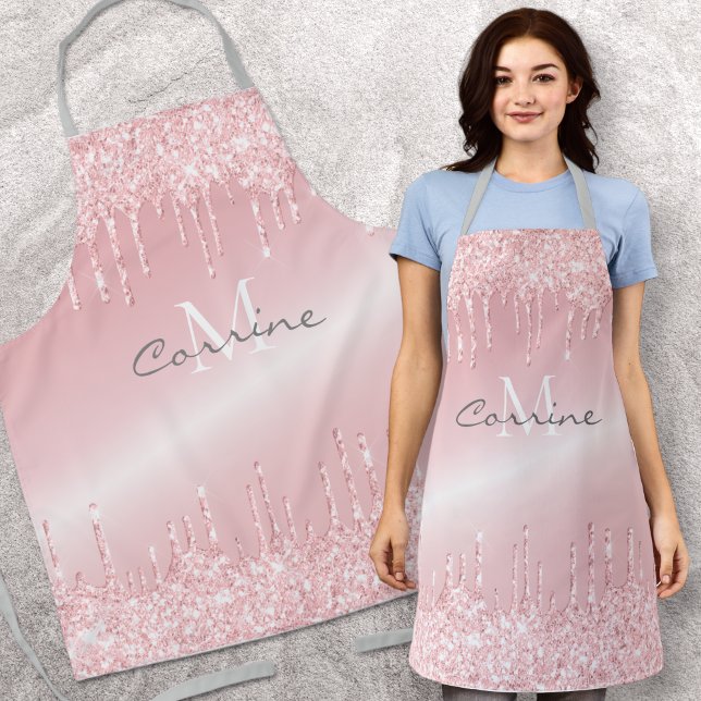 Delantal Monograma Rosa Rubor Purpurina de goteo rosado Met (Subido por el creador)