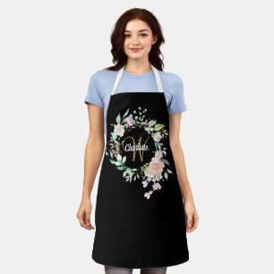 Delantal Monograma Rosas Florales Negro y Dorado