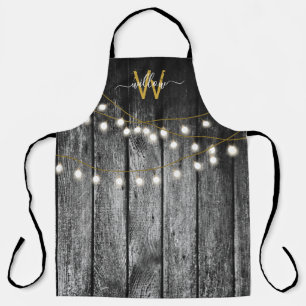 Delantal Monograma Rústico Barn Black Wood Gold String Luce
