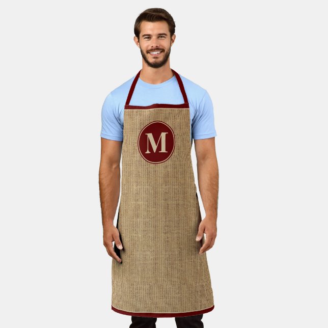 Delantal Monograma rústico Burgundy Faux Burlap (Gastado)