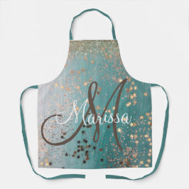 Delantal Monograma Shimmery Estrellas De Oro En Verde azula