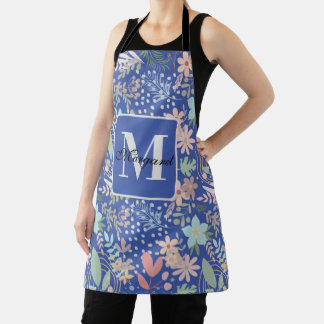 Delantal Monograma Temático de Flor Elegante Hoja Azul