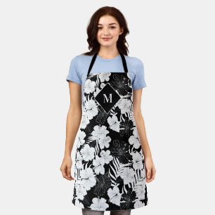 Delantal Monograma tropical hawaiano floral negro y blanco