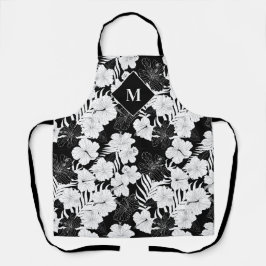 Delantal Monograma tropical hawaiano floral negro y blanco
