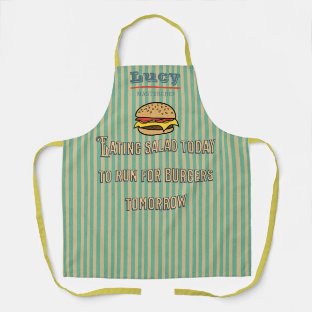 Delantal Monograma único retro Burger Rayas cómicas (Anverso)