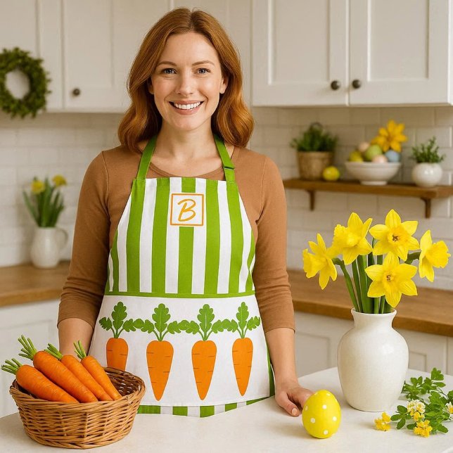 Delantal Monograma Verde a Rayas con Zanahorias Garden Girl (spring carrot apron  mockup )