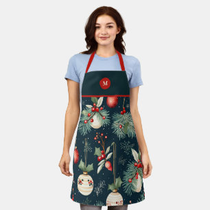 Delantal Monograma Vintage Navidad Verde azulado y rojo pat