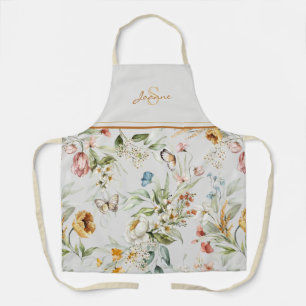Delantal Monograma y nombre floral de acuarela con vida