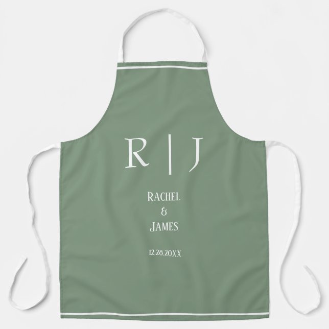 Delantal Monogramas Verde Salvia Elegantes y Modernos para  (Anverso)