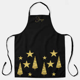Delantal Monogramo De Árbol De Navidad Dorado Y Estrellas