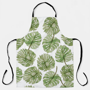 Delantal Monstera acuarela verde hojas tropicales sin mar
