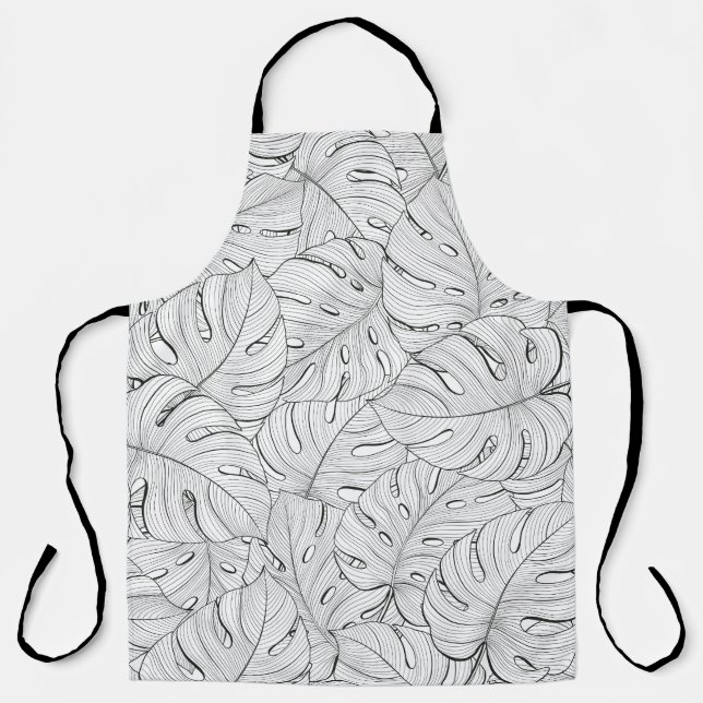 Delantal Monstera deja el patrón blanco negro (Anverso)