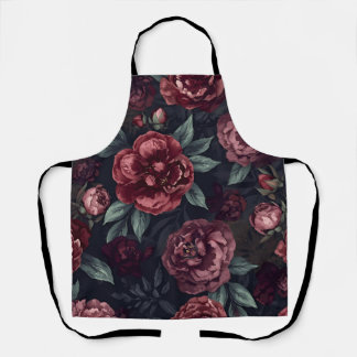 Delantal Moody Florals Watercolor Dark Red Pattern