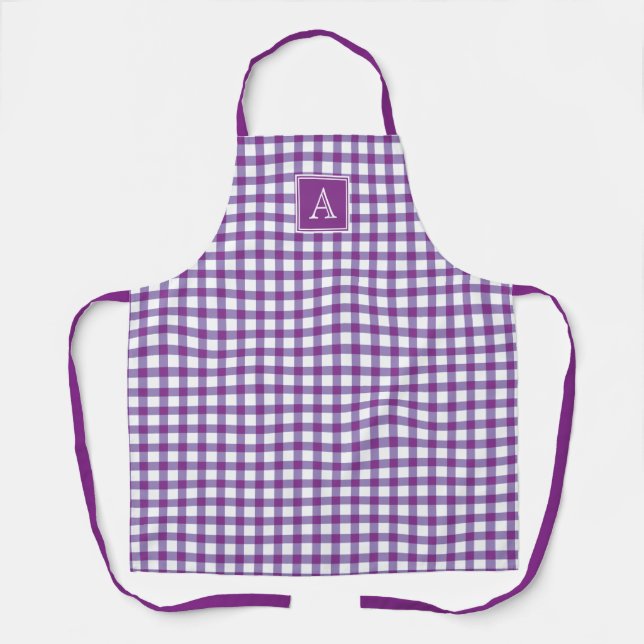 Delantal Morado Gingham Plaid Tartán Monograma moderno (Anverso)