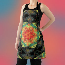 Delantal Mosaico Mandala Flor Rojo Amarillo Verde y Negro