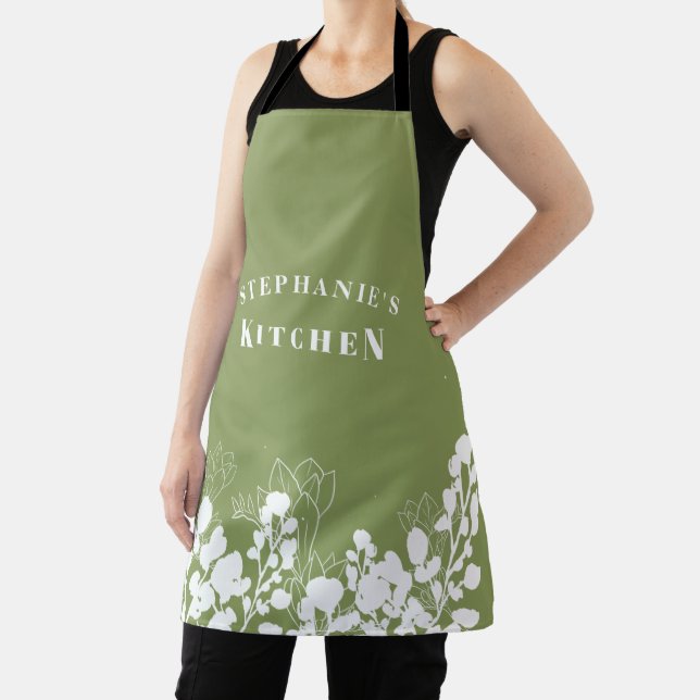 Delantal Moss Green Custom Name White Floral Apron (in situ)