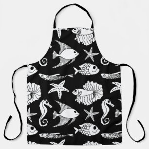 Delantal Motif De Pescado: Patrón Blanco Negro.