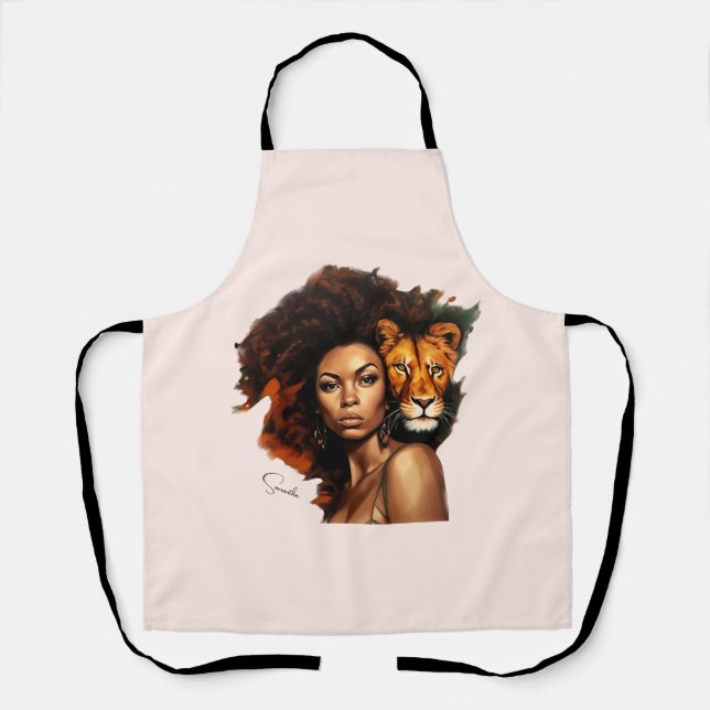 Delantal Mujer afroamericana con león majestuoso (Anverso)