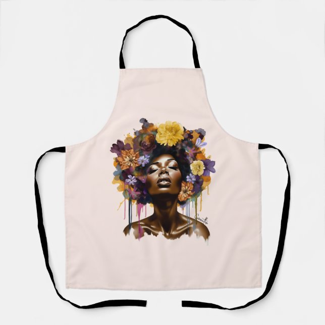 Delantal Mujer afroamericana con pelo afro floral (3) (Anverso)