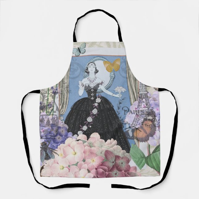 Delantal Mujer elegante azul vestido floral de fantasía (Anverso)