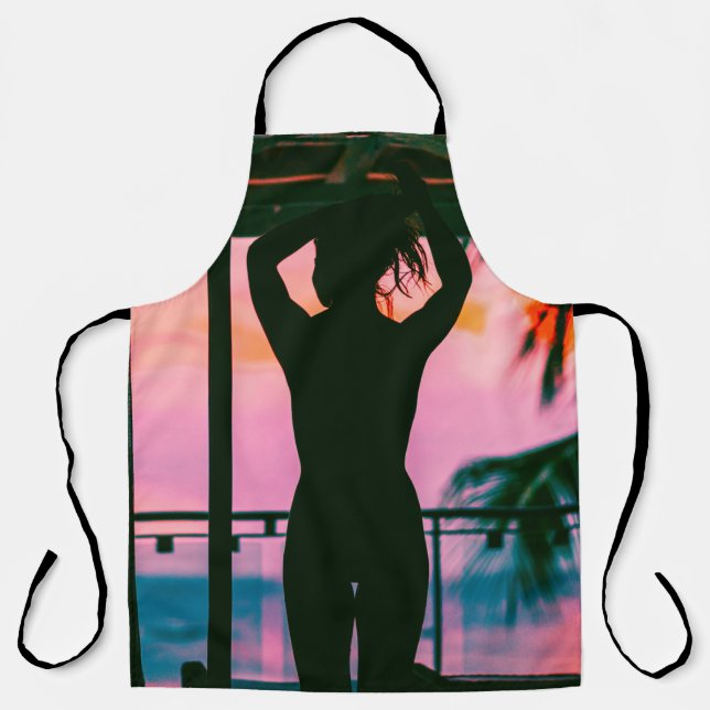 Delantal Mujer en el tanque negro y pantalones de pie en ne (Anverso)