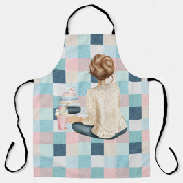 DELANTAL MUJER SENTADA CON LIBROS Y BEBIDAS CALIENTES