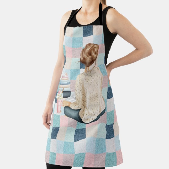 DELANTAL MUJER SENTADA CON LIBROS Y BEBIDAS CALIENTES (in situ)