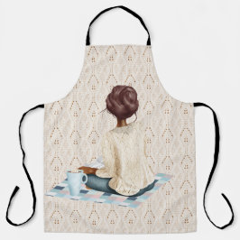 DELANTAL MUJER SENTADA EN BLANKET CON BEBIDAS CALIENTES