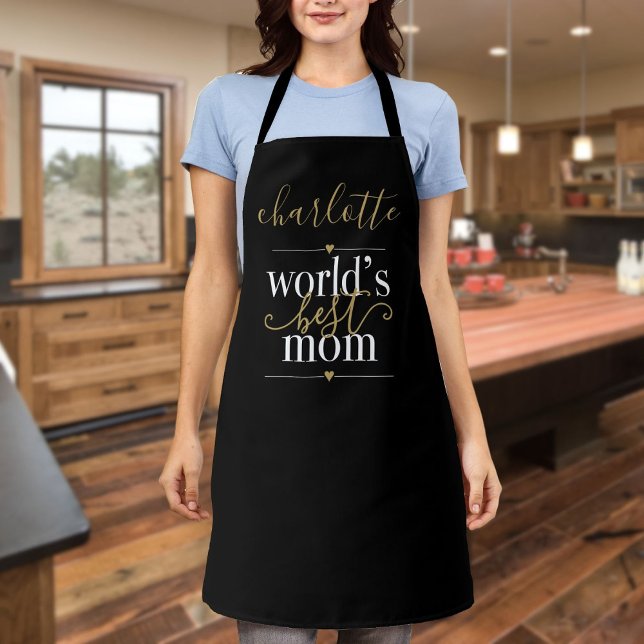 Delantal Mundos Personalizados Mejor Mamá Negra Y Oro (Personalized Worlds Best Mom Black And Gold Apron)