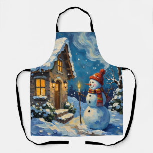 Delantal Muñeco de nieve vintage junto a una cabaña navideñ