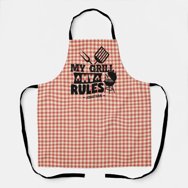 Delantal My Grill My Rules Funny Red Gingham BBBQ Kitchen (Anverso)