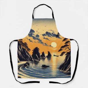 Delantal Naranja azul atardecer japonés estilo tinta estilo
