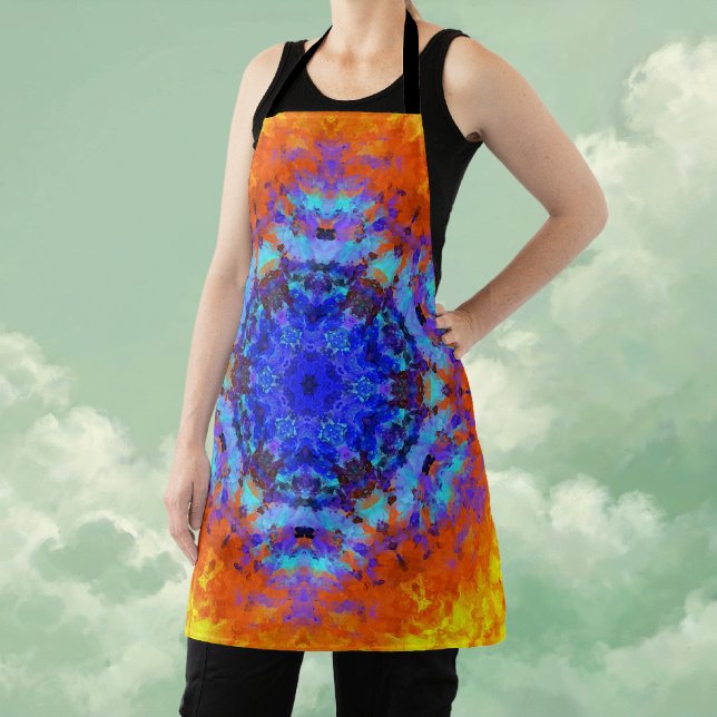Delantal Naranja azul Mandala digital y amarillo (Blue Orange and Yellow Digital Mandala Apron by Wormhole Orbital)