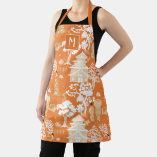 Delantal Naranja Chinoiserie Pagodas Monograma