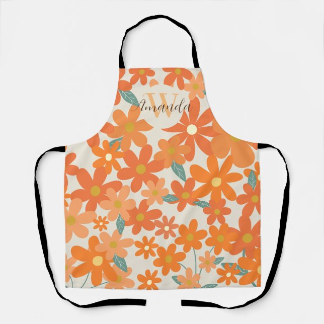 Delantal Naranja Floral Retro Groovy Monograma Nombre (Anverso)