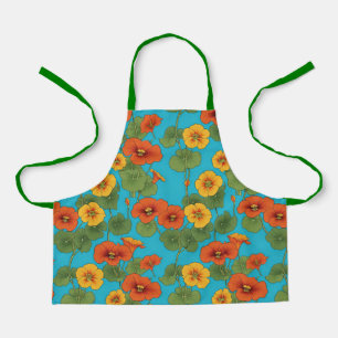 Delantal Naranja Nasturtium vierte en fondo azul brillante