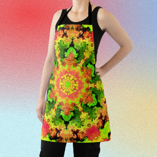Delantal Naranja Psicodélico Verde de Flor Hippie y Rojo