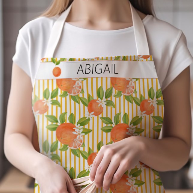 Delantal Naranjas de cítricos brillantes y patrón de florec (Orange and Orange Blossoms Striped Apron with Any Name)