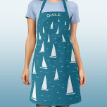 Delantal Náutica Náutica Personalizada<br><div class="desc">Barcos de vela corriendo en un mar verde y brillante verde azulado. Un divertido diseño náutico para los amantes de la vela. Arte original de Nic Squirrell. Cambie el nombre a personalizar.</div>