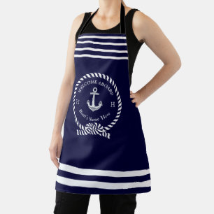 Delantal Nautical Boat Name Anchor Dark Navy Blue Welcome