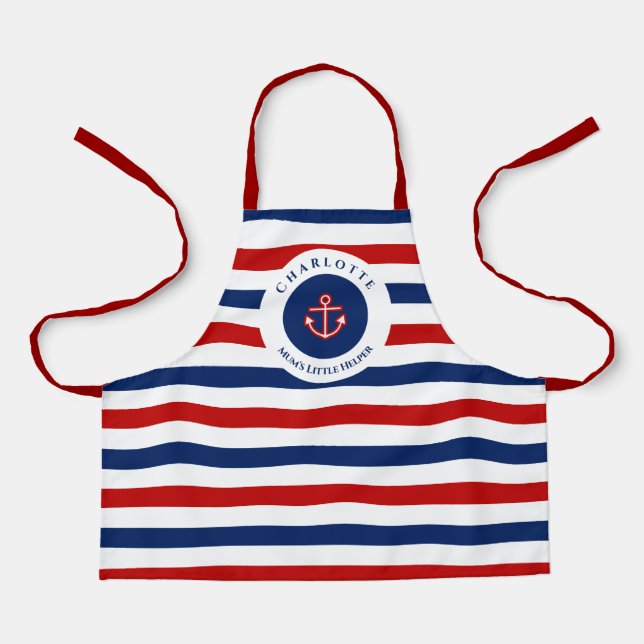 Delantal Nautical Marine Navy Blue Red White Stripes (Anverso)
