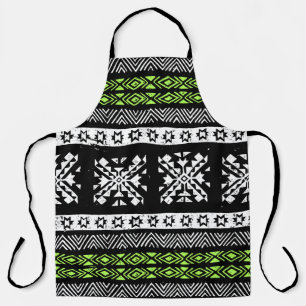Delantal Navajo tribal, patrón verde blanco negro.